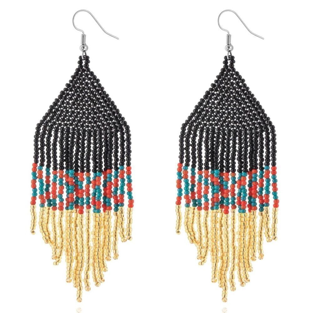Colorful Bohemian Seed Bead Tassel Dangling Statement French Wire Hook Earrings